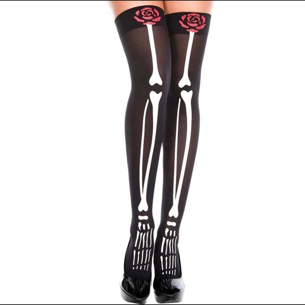 Music Legs Black & White Skeleton Rose Print Thigh High Nylon Sheer Stockings